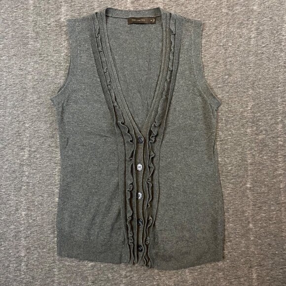 The Limited Sweaters - VTG Sweater Vest Size XS The Limited Gray Ruffle Button Sleeveless Cardigan Top